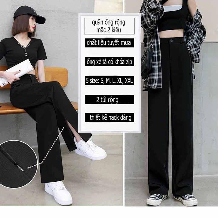 HÀNG THIẾT KẾ Quần Ống Rộng Suông xẻ tà có khóa kéo lưng cao chất tuyết mưa culottes cạp cao cho nữ