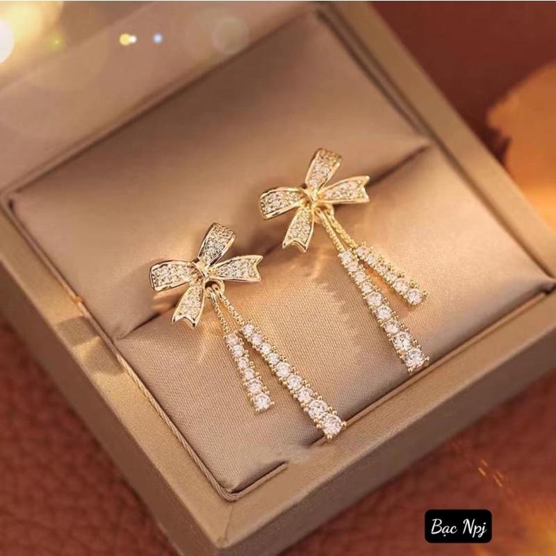 Bông tai nơ tua đính đá kiểu cách , hoa tai nữ bạc xinh - Bạc npj