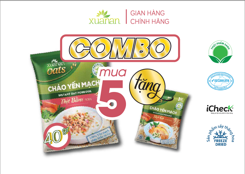 Combo 6 Gói Cháo Yến Mạch Thịt Heo Bằm Xuân An 40G (Tặng Kèm 1 Gói Cháo Thịt Gà &amp; Đông Trùng Hạ Thảo 40G)