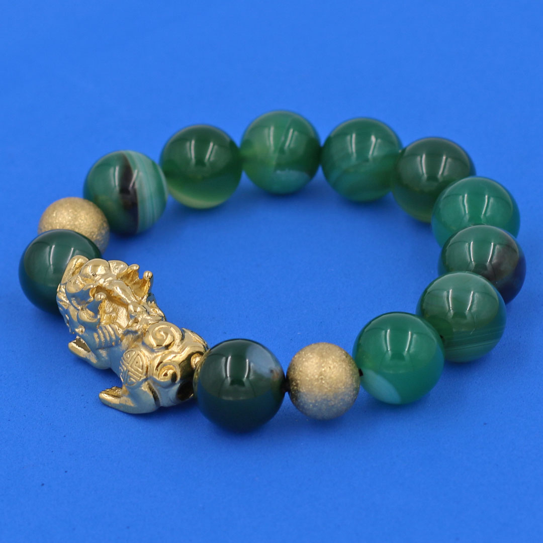 Vòng chuỗi đeo tay mã não xanh lá sọc 14 ly  charm tỳ hưu và bi inox vàng, vòng tay chuỗi hạt