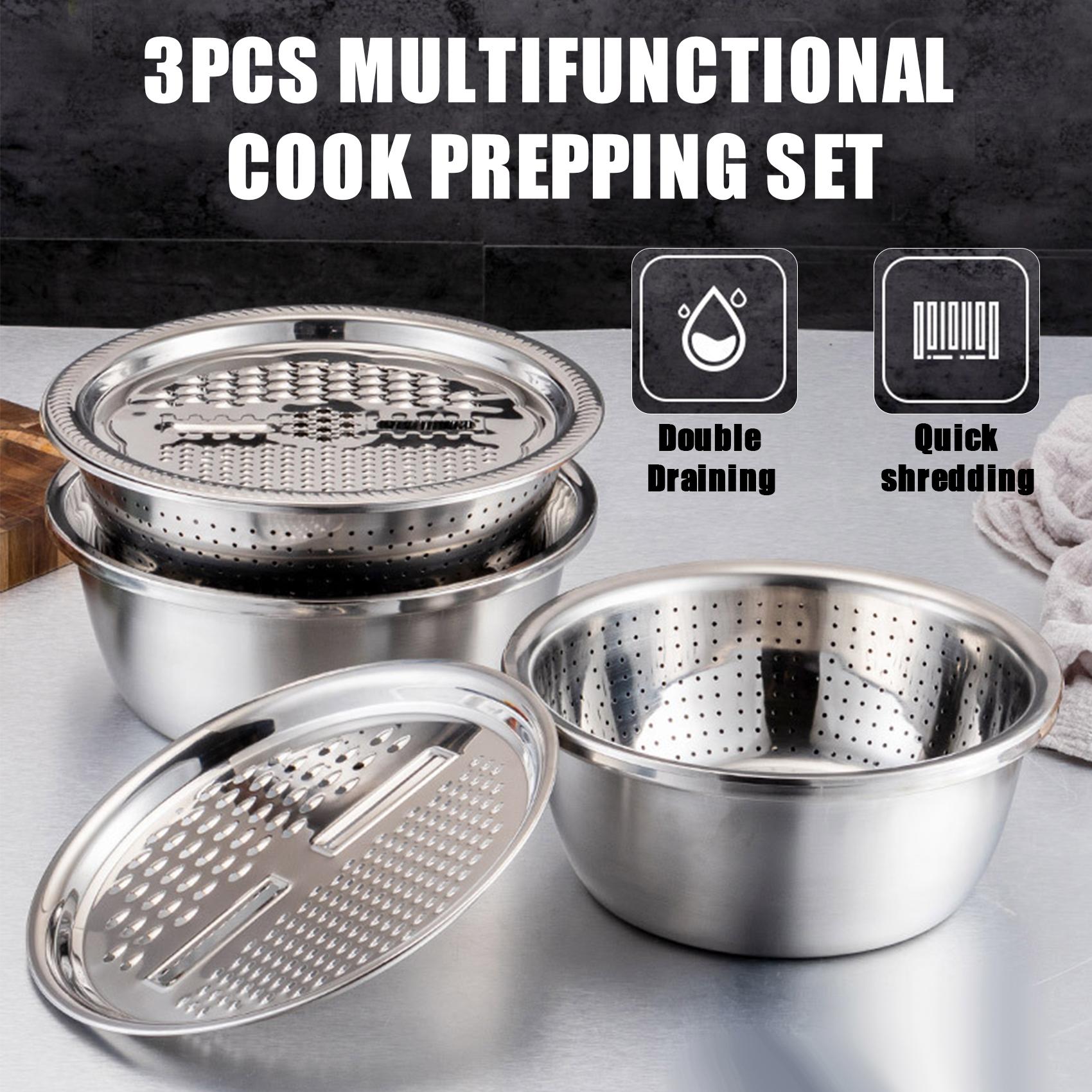 3 in 1 Kitchen Basin Grater Multipurpose Colander Slicer Cutter Shredder With Lid Stainless Steel Slicer