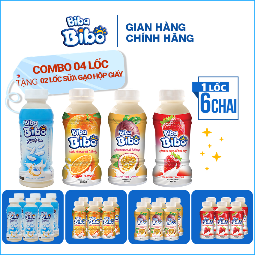 [Combo 24 chai 350ml] Bibabibo sữa Gạo, sữa Cam, sữa Dâu, Sữa Chanh Dây (Chanh Leo) tốt cho da, miễn dịch, giảm cân, tiêu hóa