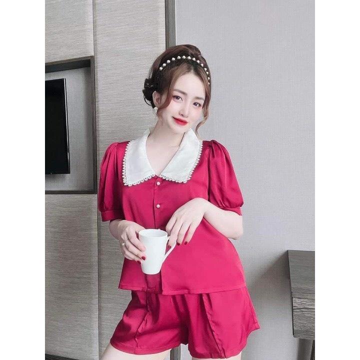 Đồ Bộ Mặc Nhà Lụa LaTin Cao Cấp Mùa hè, Lụa Pyjama cổ sen ngắn