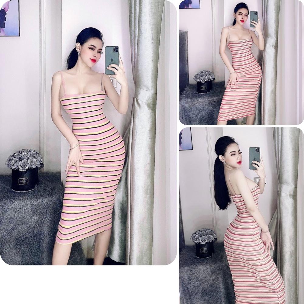 Đầm body nữ, đầm nữ body 2 dây sọc ngang tôn dáng chất thun gân size S M L D-12