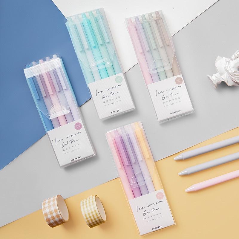 Hộp 5 cây bút gel ngòi 0.5mm mực đen tông màu pastel dễ thương