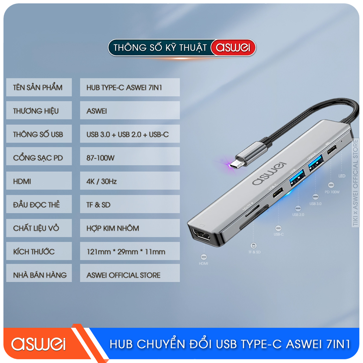 Hub Chuyển Đổi USB Type C ASWEI 7 in 1 - HDMI, USB 3.0, SD, TF, USB C, PD 100W Tốc Độ Cao - Hàng Chính Hãng