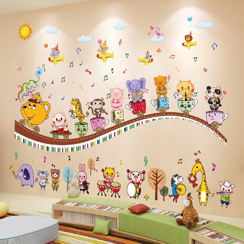 Combo 2 decal dán tường cho bé về động vật yêu âm nhạc