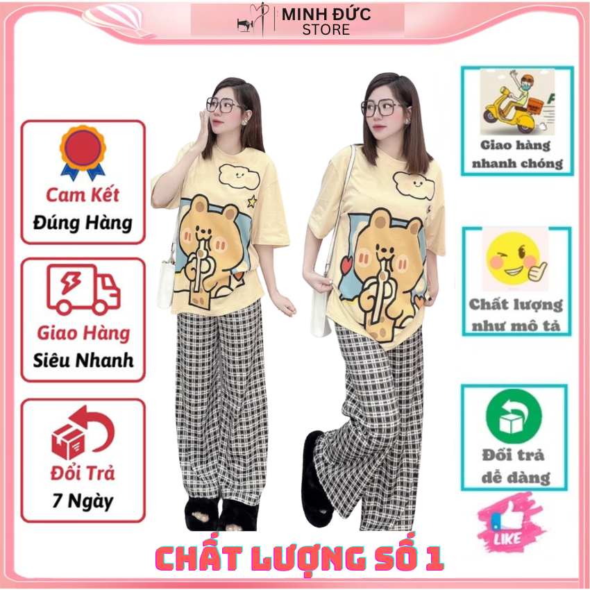Sét Bộ Nữ SS22, Sét Đồ Nữ Đi Chơi Đẹp In Gấu Vàng, Sét Áo Vải Cotton, Hình In Sắc Nét Và Quần Kẻ Đen Cá Tính