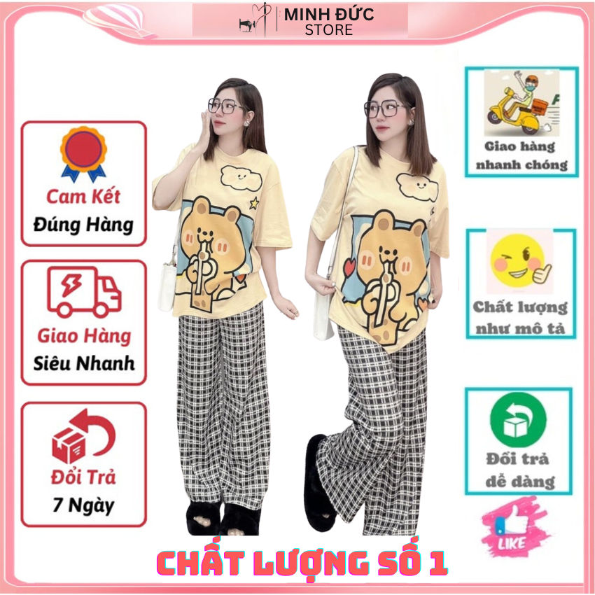 Sét Bộ Nữ SS22, Sét Đồ Nữ Đi Chơi Đẹp In Gấu Vàng, Sét Áo Vải Cotton, Hình In Sắc Nét  Và Quần Kẻ Đen Cá Tính