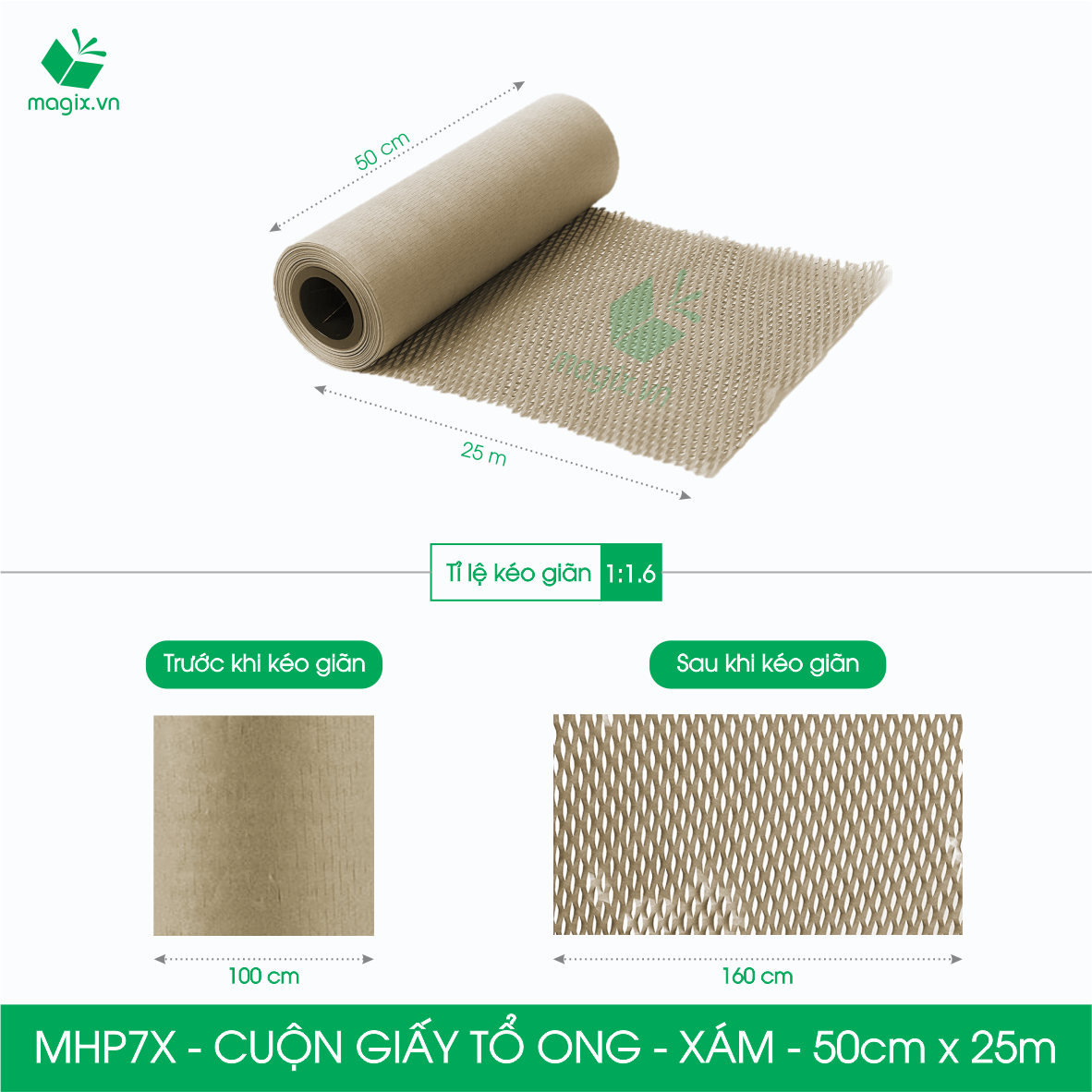 MHP7X - 0.5x25m - CUỘN GIẤY TỔ ONG MÀU XÁM CHỐNG SỐC THAY THẾ BÓNG KHÍ XỐP HƠI ĐÓNG HÀNG