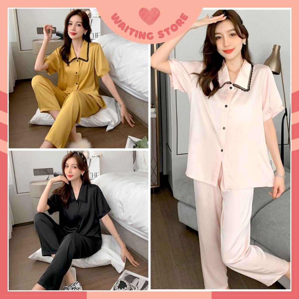 Pijama Nữ - Bộ Ngủ Áo Ngắn Quần Dài Vải Lụa Cao Cấp Màu Trơn Cổ Áo Cách Điệu Viền Ren Đẹp CDLP10