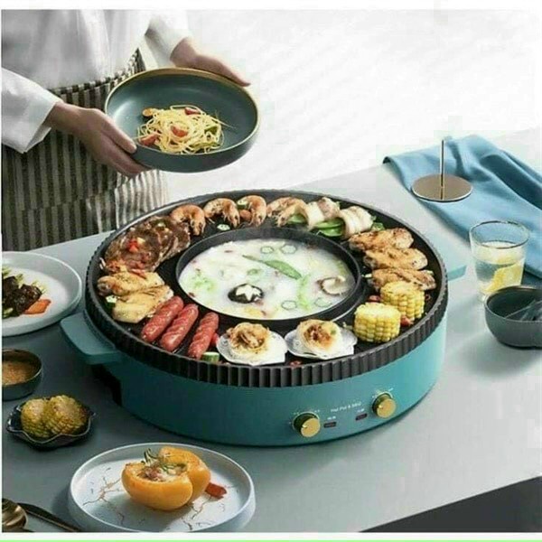 Bếp Lẩu Nướng Đa Năng 2 Trong 1, Lẩu Nướng Tròn Xanh 2 Nút Bật Tắt Riêng Biệt - Hàng Chính Hãng