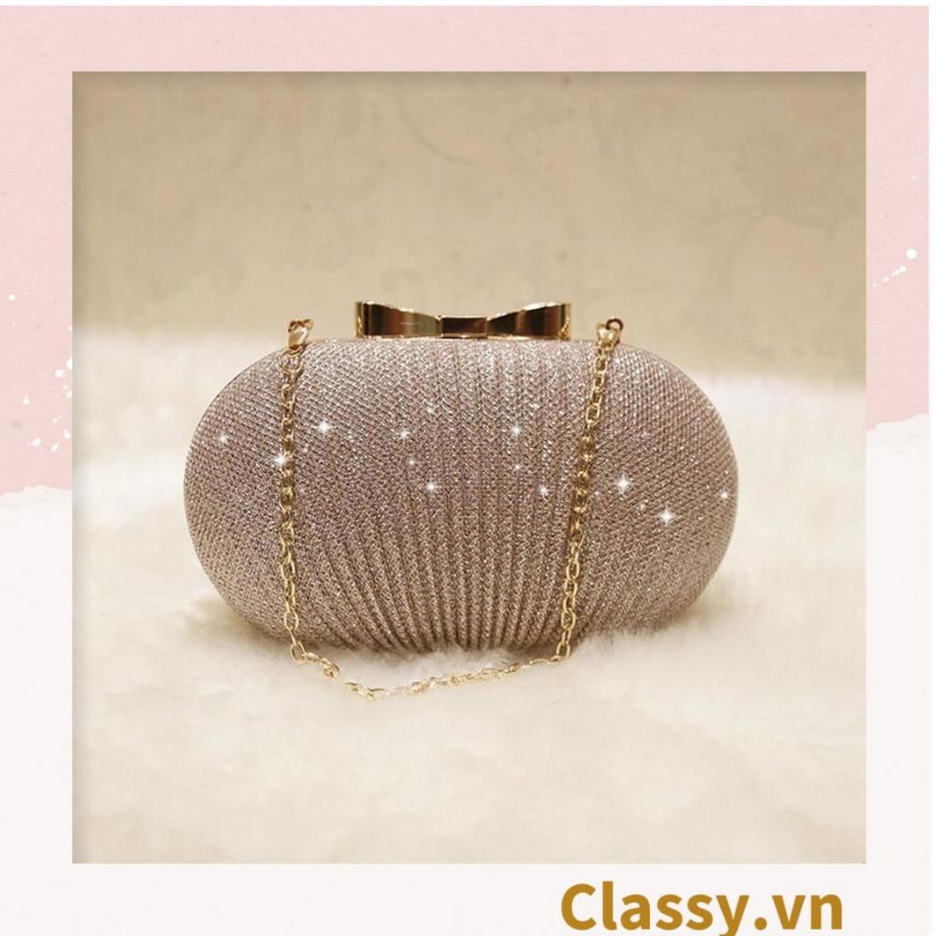 Clutch Classy cầm tay đi tiệc màu be hình bầu dục , đính đá sequin lấp lánh T589