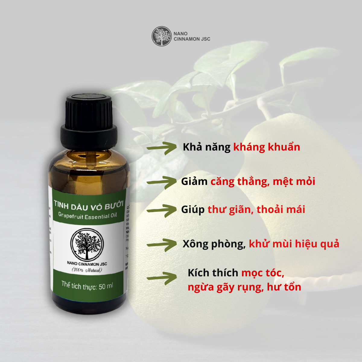 Tinh dầu Bưởi thiên nhiên nguyên chất Nano Cinnamon 10/30/50/100ml - thư giãn, khử mùi, dưỡng tóc khoẻ. Có kiểm định