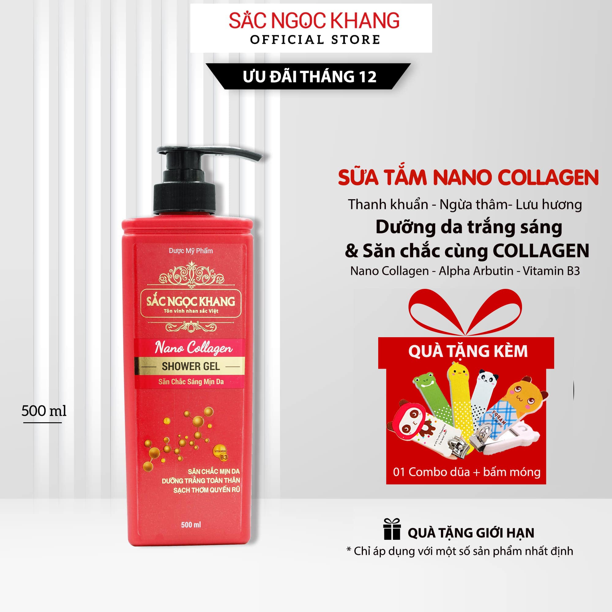 Sữa tắm nano collagen Sắc Ngọc Khang 500ml làm sạch da, cấp ẩm và dưỡng da  toàn thân săn chắc , sáng mịn, thơm quyến rũ