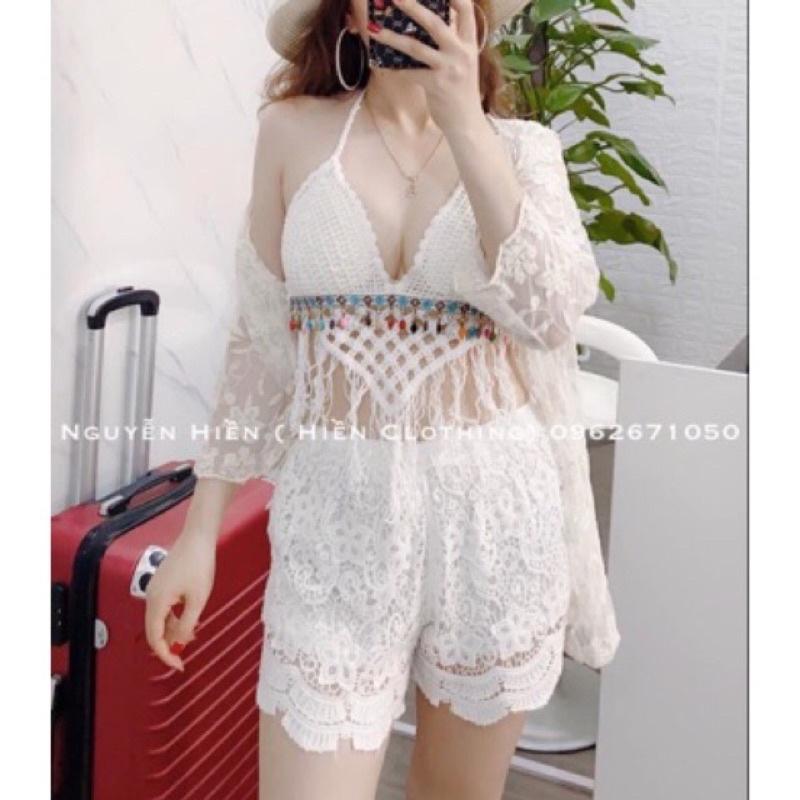 Bộ đồ bơi bikini ren️Set ren đi biển 3 món sang chảnh bra tam giác hạt