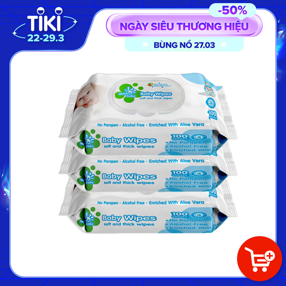 Combo Tiết Kiệm 3 Bịch Khăn ướt Sunbaby cho bé Không Hương 100 tờ/bịch