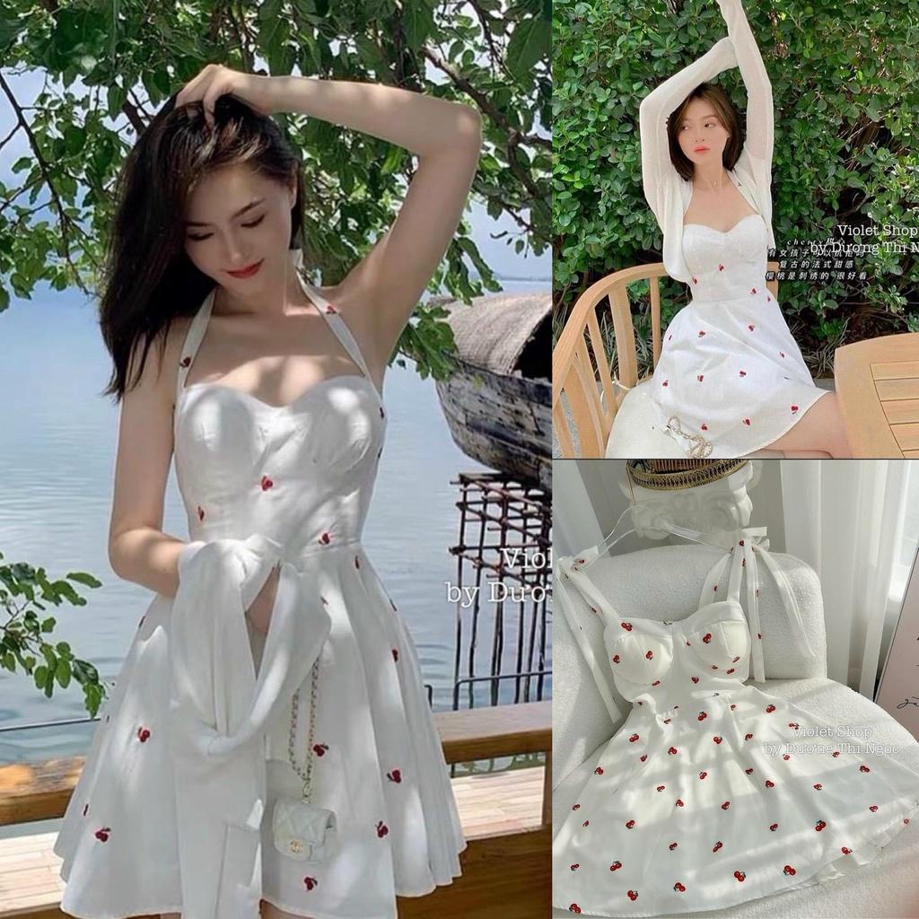 Sét đầm hai dây Cherry phối áo khoác thun gân xinh xắn dạo phố, đi biển