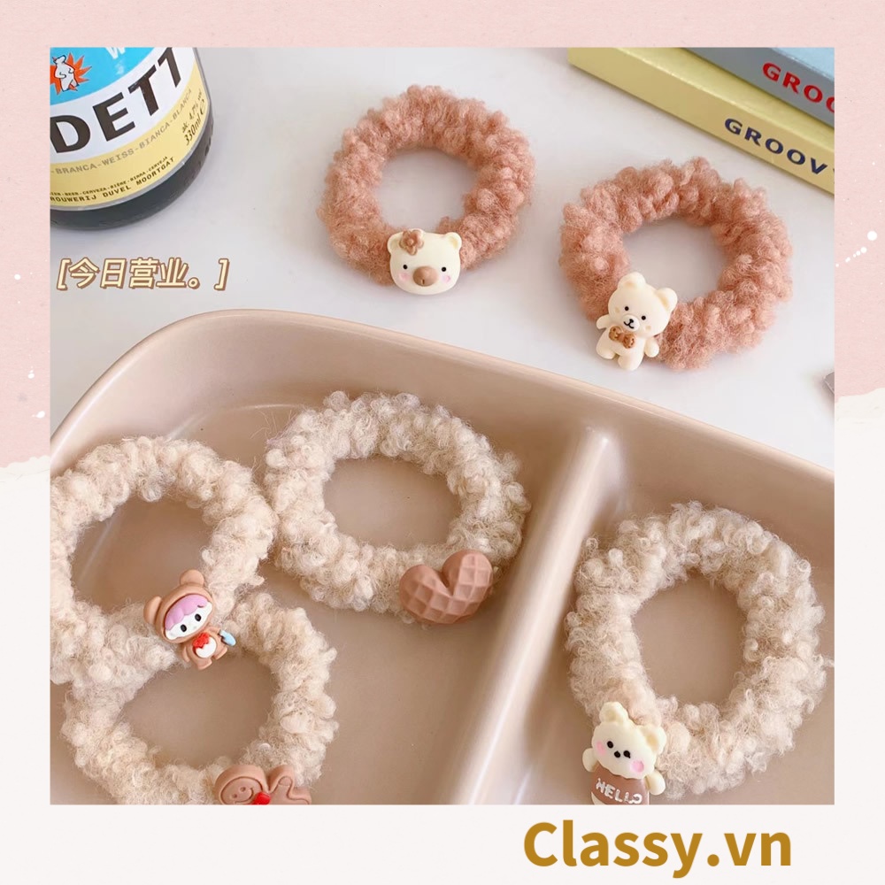 Dây cột tóc Classy gắn họa tiết hoạt hình 3D cute trơn màu chất liệu lông bền chắc PK743