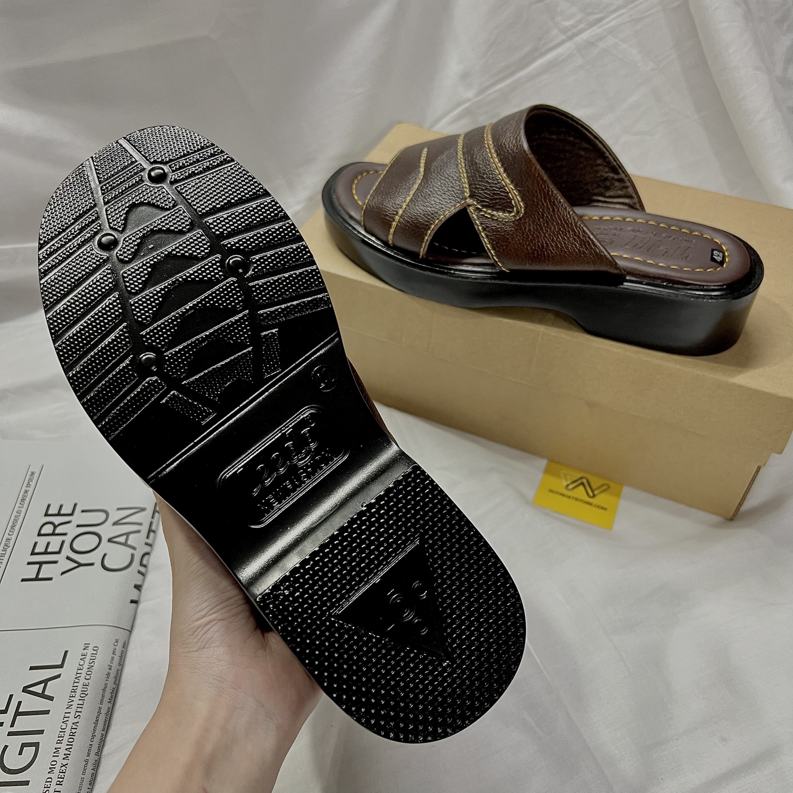 Dép Nam Nâu Đen Quai Ngang Chéo Trung Niên Da Bò Thật May Xung Quanh Giày Duy Nhật Store Đế Độn 5cm Cao Su Bền Đẹp Mềm