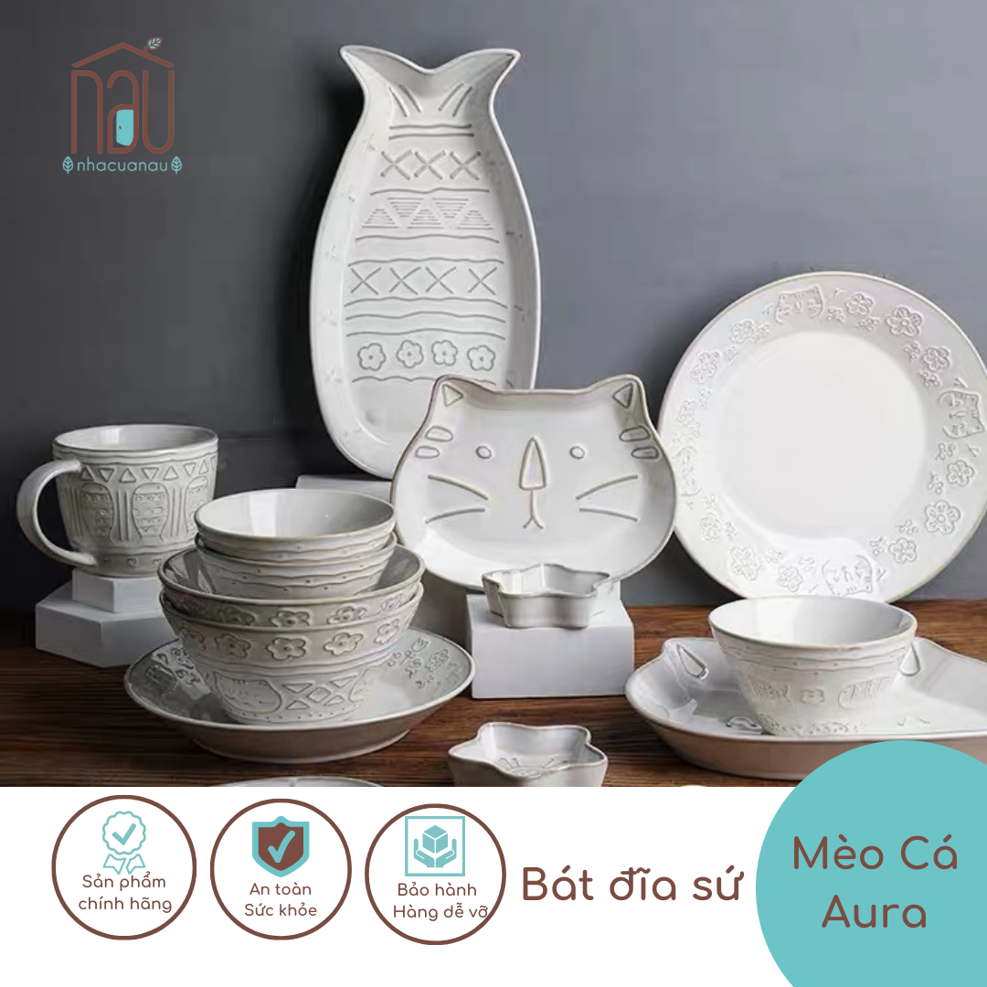 Bộ chén đĩa bát Sứ Mèo và Cá vân nổi Aura House phong cách Bắc Âu