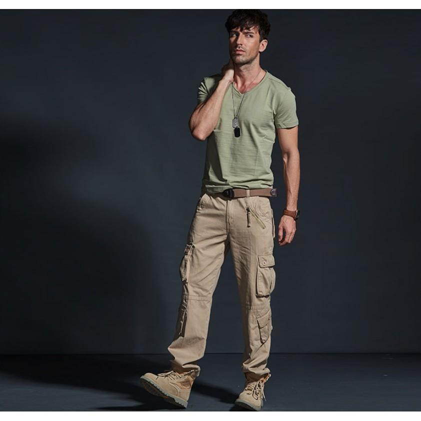 Quần dài kaki túi hộp ống rộng_dã ngoại_du lịch - xanh lính
