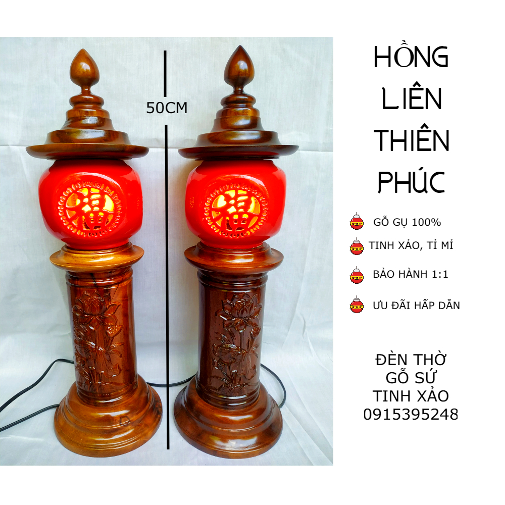 Đôi đèn thờ gỗ sứ tinh xảo HỒNG LIÊN THIÊN PHÚC (tặng kèm bóng LED dự phòng)