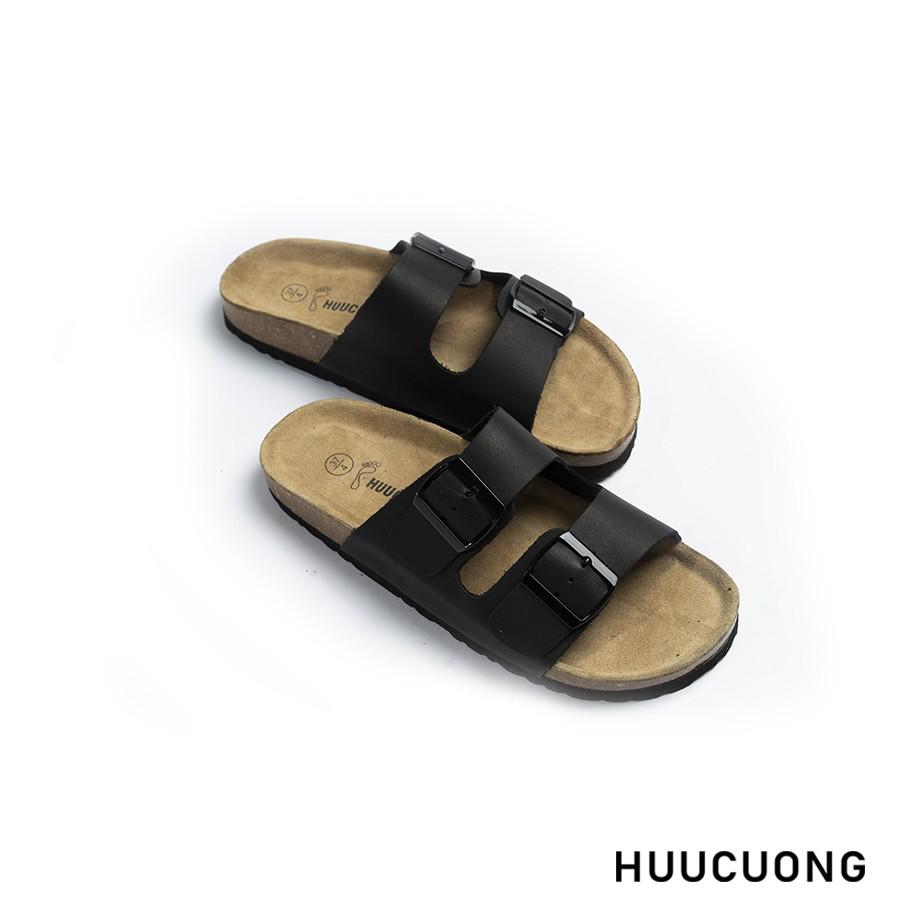 Dép unisex HuuCuong 2 khóa da bò đen đế trấu handmade