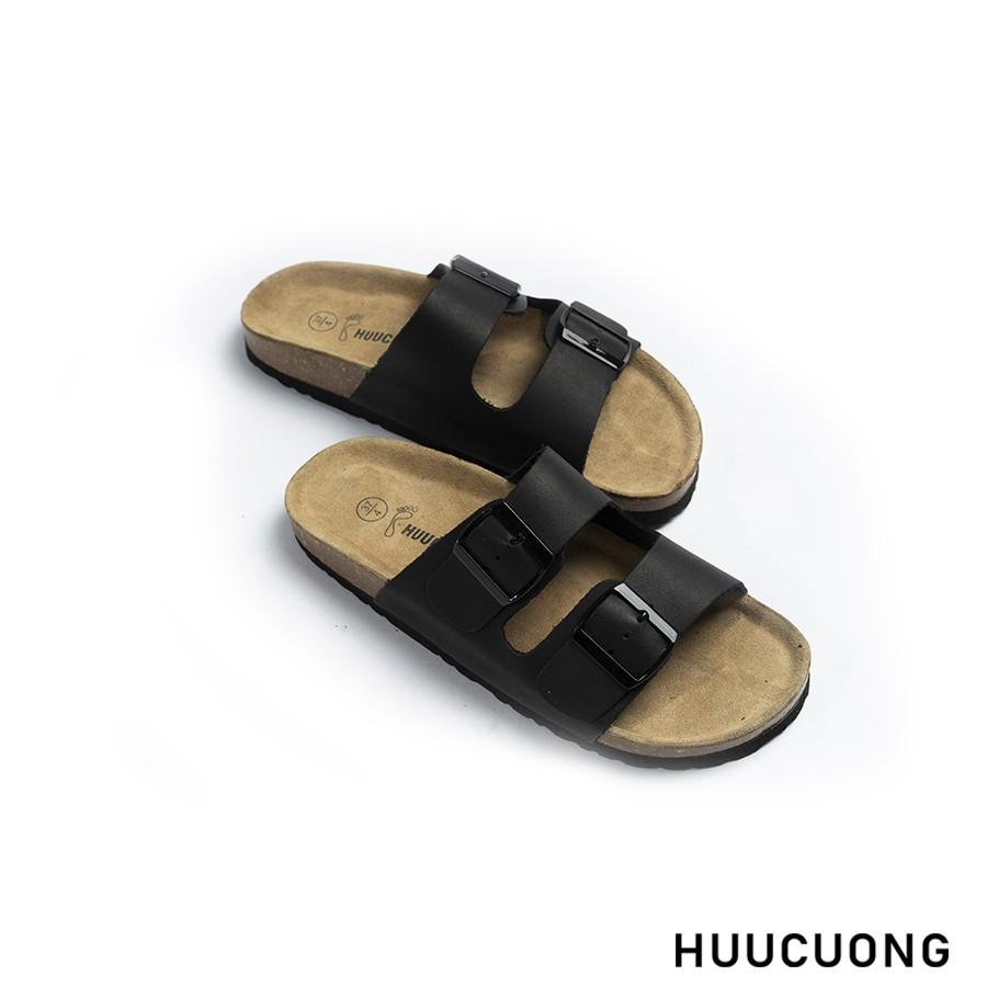 Dép unisex HuuCuong 2 khóa da bò đen đế trấu handmade