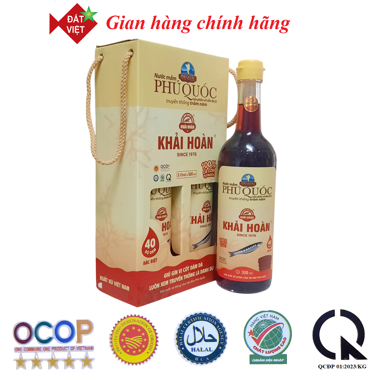 Nước mắm Khải Hoàn Phú Quốc 40-43 độ đạm Xách 2 chai thủy tinh 520ml
