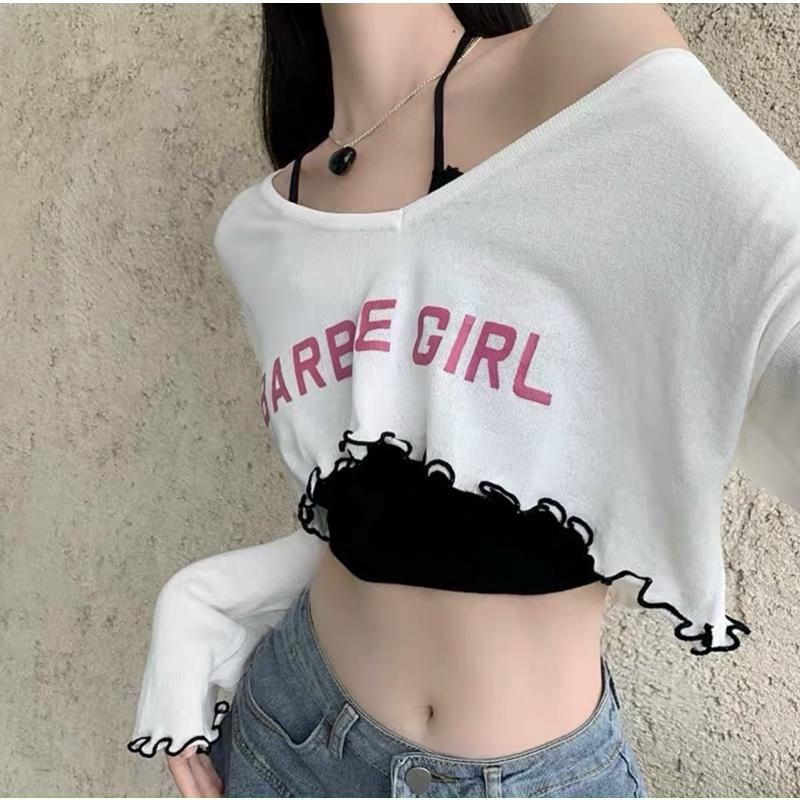 Set áo len dài tay gồm áo khoác mỏng GIRL mix áo 2 dây chất len dệt kim QC
