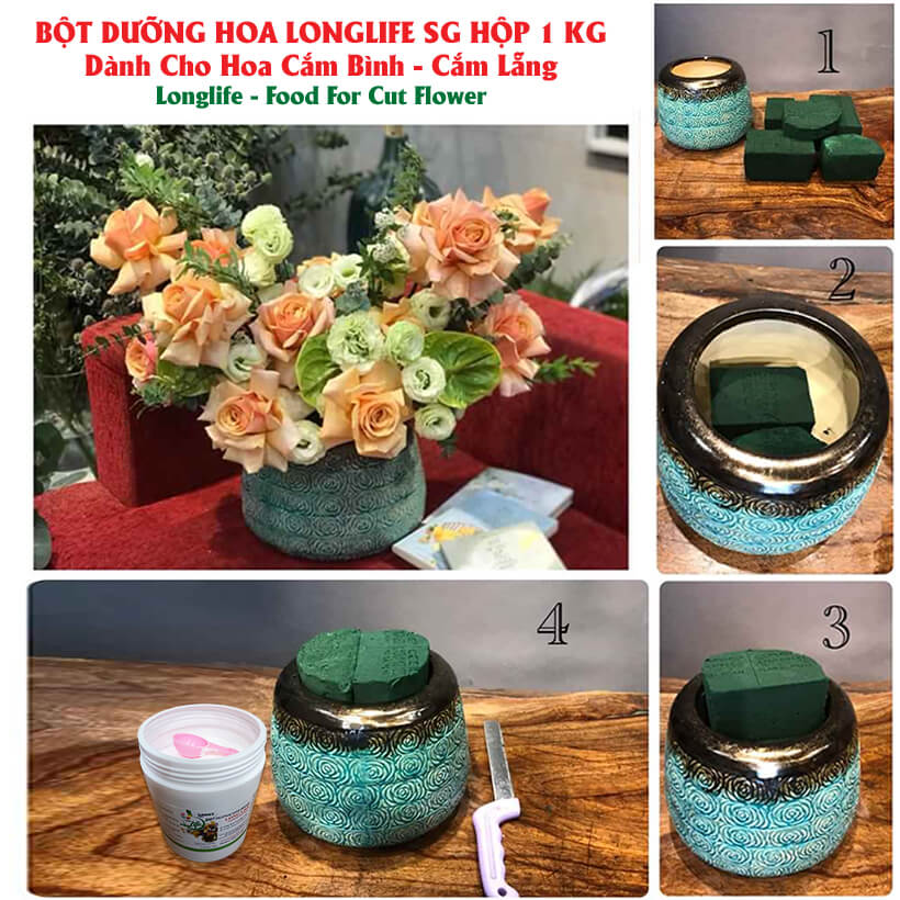 Bột cắm hoa cắt cành Longlife SG của Israel - Food For Cut Flower , giúp shop hoa bảo quản hoa tươi lâu và không thay nước, cắt tỉa gốc hay hạn chế thay hoa định kỳ theo tuần