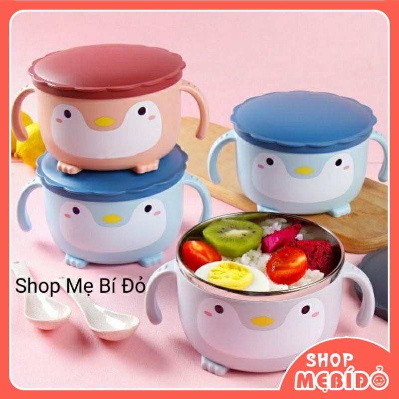 Bát Ăn Dặm Chống Nóng Lõi Inox Cao Cấp Cho Bé Bát Ăn Mì Hình Chim Cánh Cụt Tặng Thìa Shop Mẹ Bí Đỏ