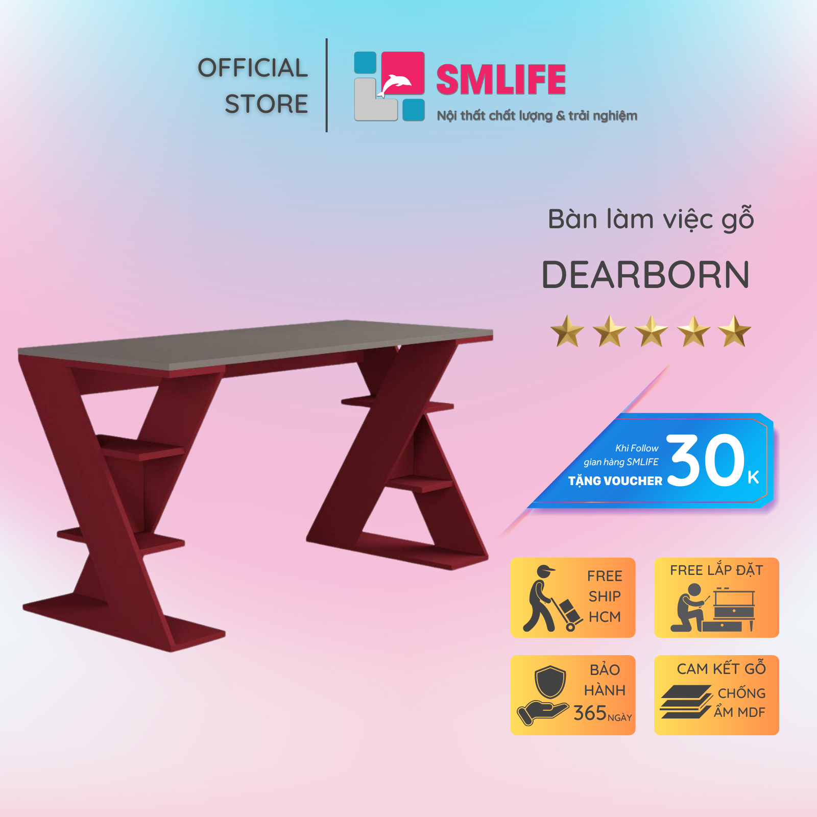 Bàn gỗ làm việc hiện đại SMLIFE Dearborn  | Gỗ MDF dày 17mm chống ẩm | D140xR60xC75cm