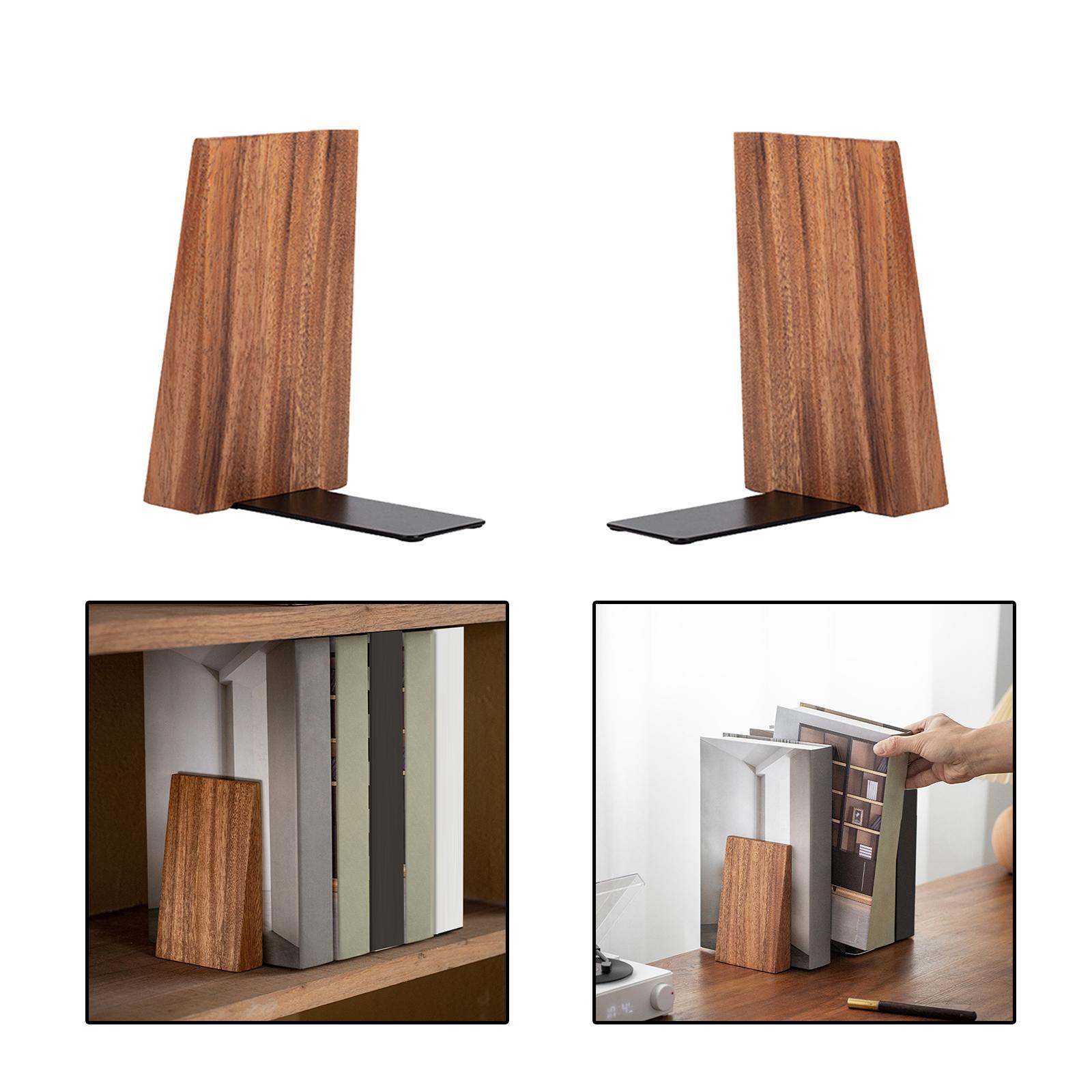 2 Pieces Wooden Books Ends Book Holder Handmade Solid Non Slip for Bookshelf