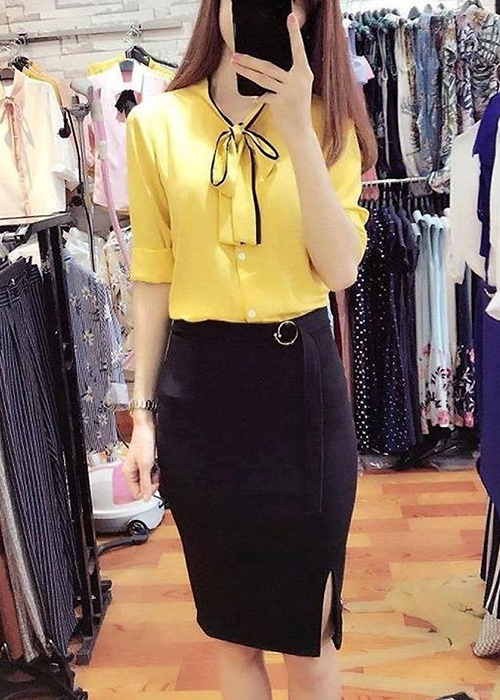 Aó công sở cột nơ viền tay dài