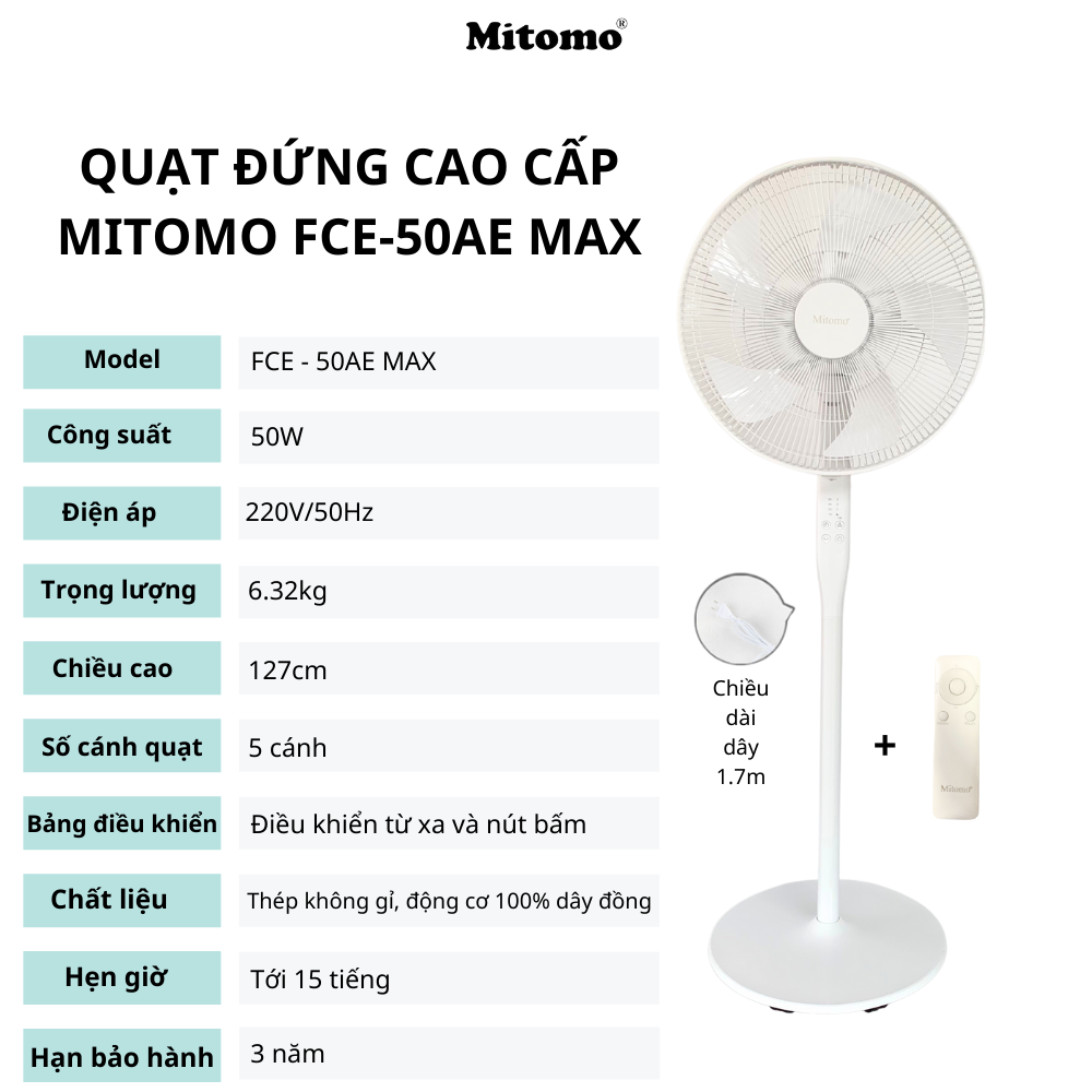 Quạt Cây Đứng Cao Cấp Mitomo FCE - 50AE MAX, có điều khiển từ xa, hẹn giờ, hoạt động siêu êm  hàng chính hãng