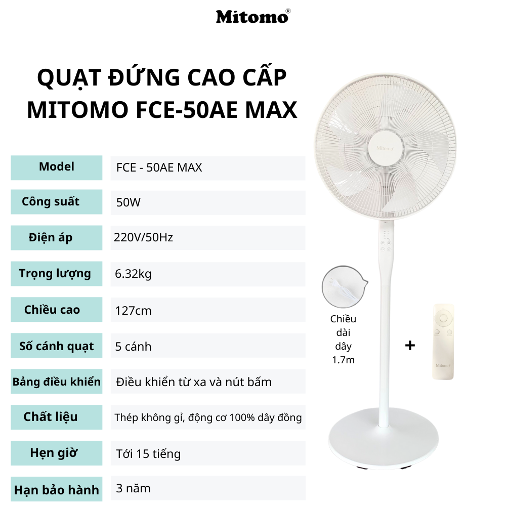 Quạt lửng Mitomo FCE - 50AE MAX, có điều khiễn từ xa, hẹn giờ, đông cơ bạc đạn hoạt động siêu êm -hàng chính hãng