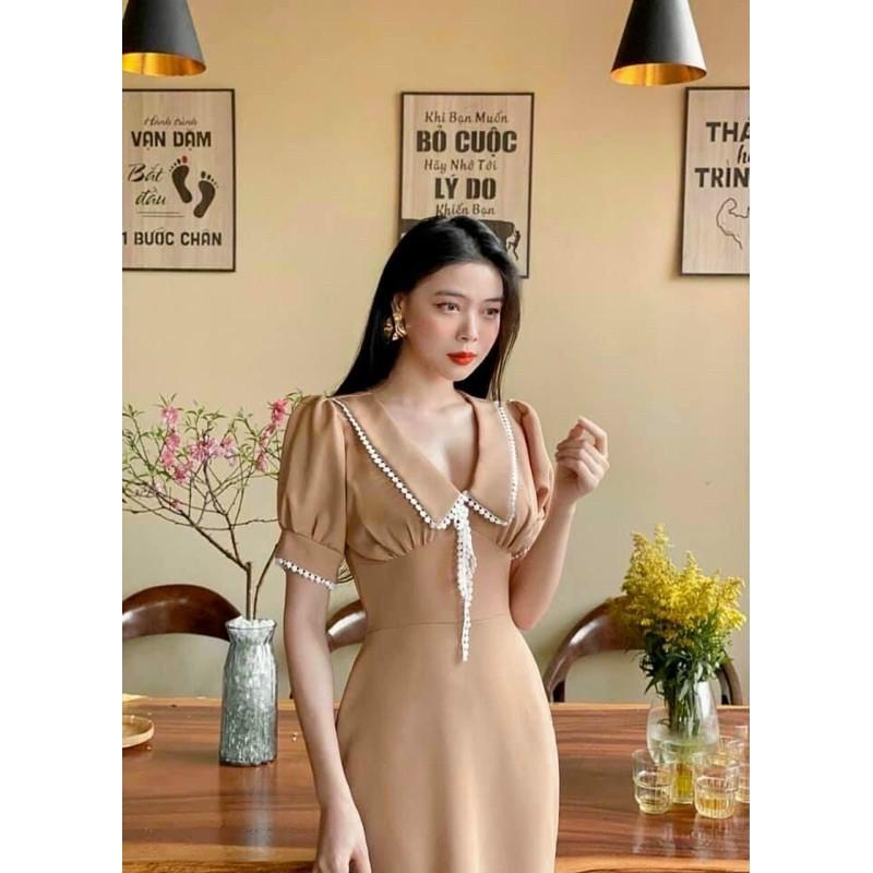 Đầm Midi Nude Viền Ren Nơ Ngực - Kèm Hình Thật
