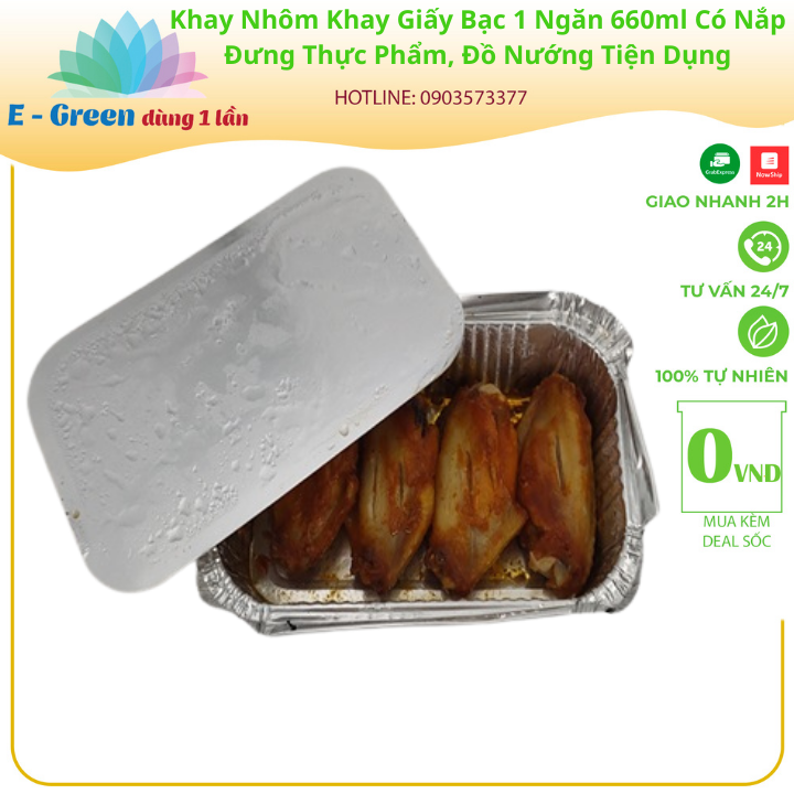 Combo 50 Khay Nhôm, Khay Giấy Bạc 1 Ngăn 660ml-680ml Có Nắp, Đựng Thực Phẩm, Đồ Nướng,Tiện Lợi - Egreen Dùng 1 Lần