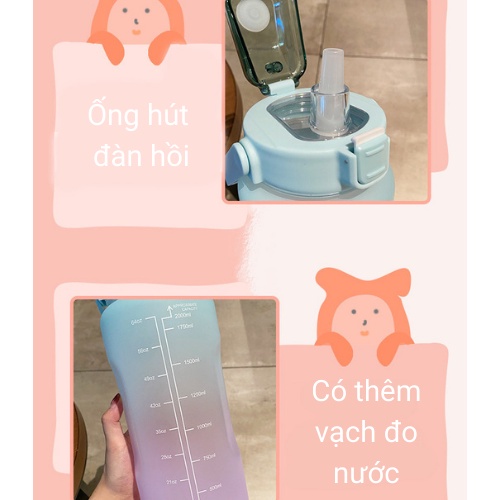 Bình nước 2 lít giữ nhiệt tặng kèm sticker cute bình đựng nước 1 lít có vòi tập thể thao chia vạch mini 2000ml, Chai đựng nước báo giờ cho người lười uống nước