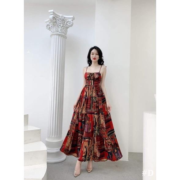 Đầm maxi thổ cẩm hai dây hở lưng đi biển có mút ngực 2 màu