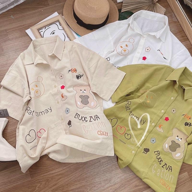 Áo sơ mi tay ngắn thêu gấu