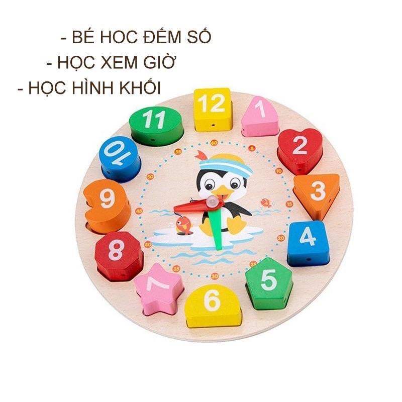 Đồ chơi đồng hồ gỗ thông minh cho bé học số, hình khối, xem giờ và màu sắc