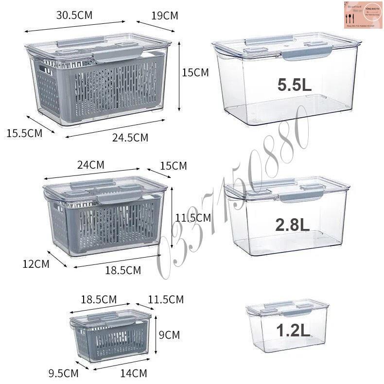 Hộp đựng thực phẩm, Hộp nhựa to đựng thực phẩm tủ lạnh 2 lớp có lỗ thoát nước khoá thoát khí dễ dàng bảo quản