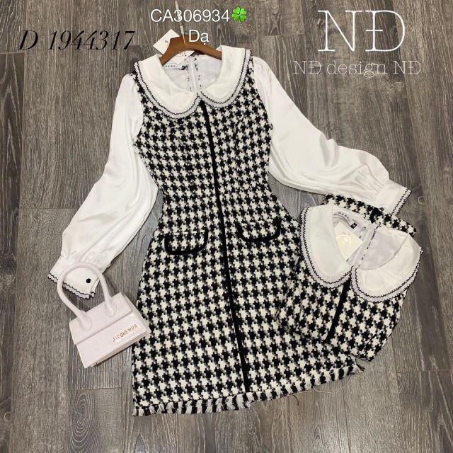 ĐẦM DẠ CARO CỔ SEN PHỐI TÚI