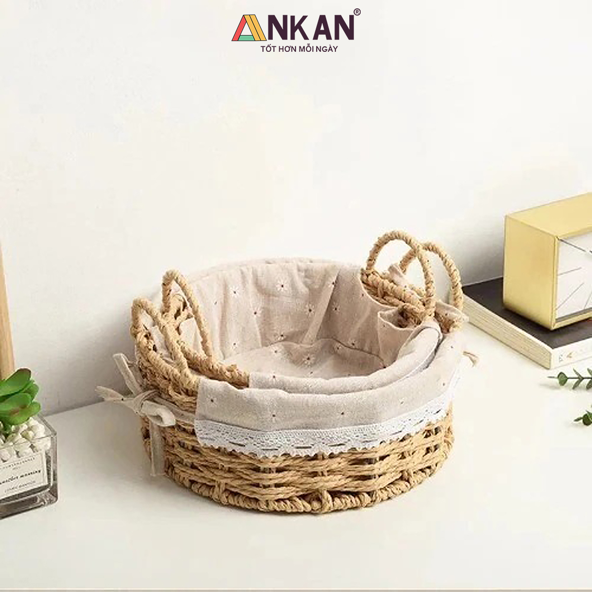 Giỏ Picnic Hình Tròn Có Quai – Đan Tay Thủ Công, Lót Vải Hoa Vintage, Giỏ Đựng Đồ Trang Trí Xinh Xắn
