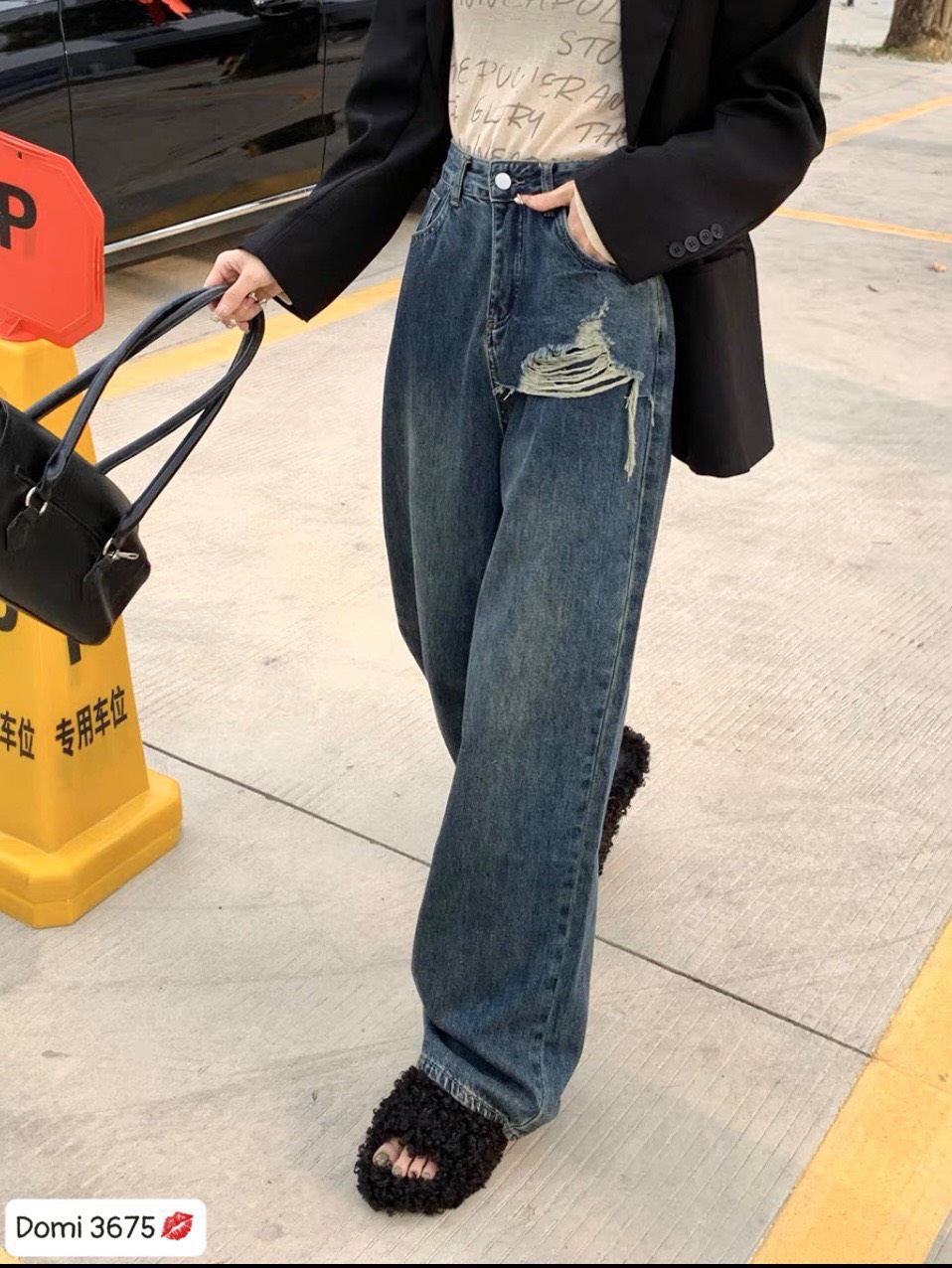 QUẦN JEANS LƯNG CAO ỐNG RỘNG SUÔNG ĐỨNG RÁCH DẠO PHỐ DỰ TIỆC - L &lt;55kg