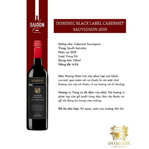 Rượu Vang Đỏ Dominic BLACK LABEL Cabernet Sauvignon 750ml 14.5% Acl