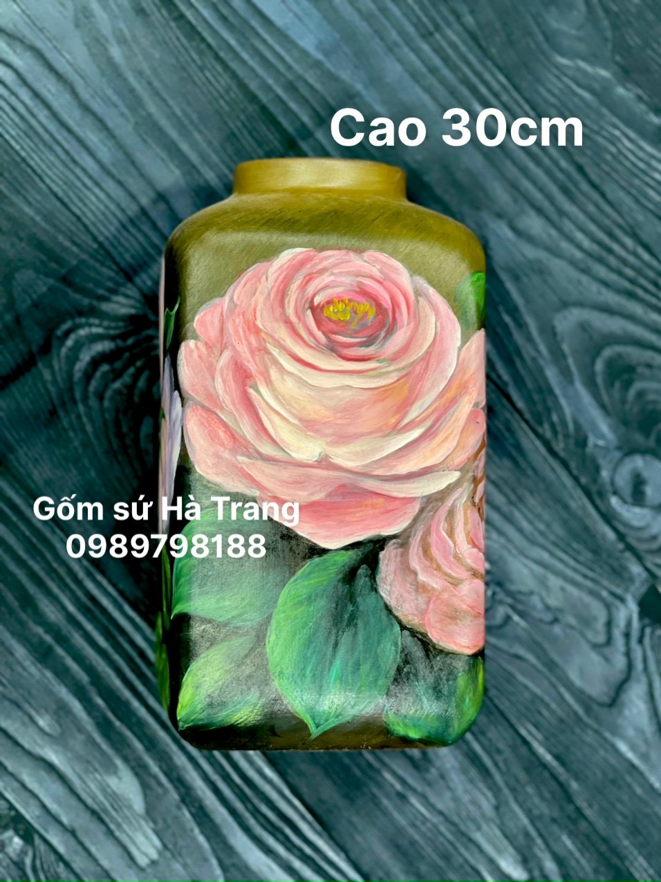 Lọ hoa gốm sứ Bát Tràng cao cấp vẽ 3D hoạ tiết hoa hồng cao 30cm